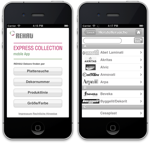 Screenshots of REHAU Express Collection
